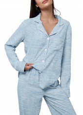 Light Blue loungewear,Plain Color loungewear,Light Blue Turn Down Collar Lounge Top and Pants