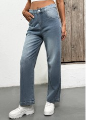 Denim Blue bottoms,Plain Color bottoms,Pocket Denim Blue Straight Leg Button Fly Jeans