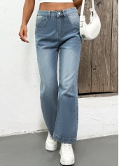 Denim Blue bottoms,Plain Color bottoms,Pocket Denim Blue Straight Leg Button Fly Jeans