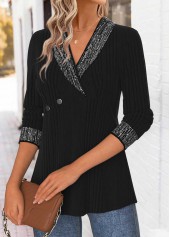 Black tops,Plain Color tops,ROTITA Tummy Control Black Turn Down Collar Long Sleeve Blouse