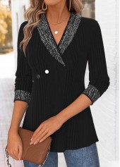 schwarze langärmlige Bluse mit Bauchweg-Effekt und Umlegekragen von Rotita