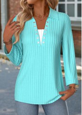 Cyan tops,Plain Color tops,ROTITA Fake 2in1 Cyan Turn Down Collar Long Sleeve Blouse