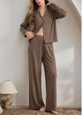 Gray Brown loungewear,Plain Color loungewear,Gray Brown Turn Down Collar Lounge Top and Pants
