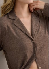 Gray Brown loungewear,Plain Color loungewear,Gray Brown Turn Down Collar Lounge Top and Pants