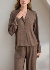 Gray Brown loungewear,Plain Color loungewear,Gray Brown Turn Down Collar Lounge Top and Pants