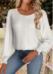 White tops,Plain Color tops,ROTITA Tummy Coverage White Round Neck Long Sleeve Blouse