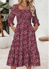 ROTITA Tummy Coverage Leopard Dark Reddish Purple Square Neck Dress
