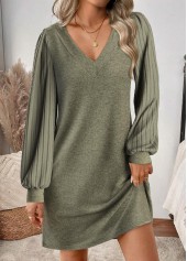 ROTITA Tummy Coverage Sage Green Short V Neck Dress