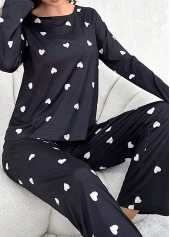 Schwarzes Lounge-Top und Hose mit Rundhalsausschnitt und Herz-Print