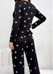 Black loungewear,Heart loungewear,Heart Print Black Round Neck Lounge Top and Pants
