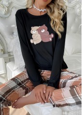 kariertes Lounge-Oberteil und Hose mit Rundhalsausschnitt in hellem Kaffee