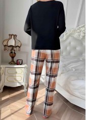 Light Coffee loungewear,Plaid loungewear,Geometric loungewear,Plaid Light Coffee Round Neck Lounge Top and Pants