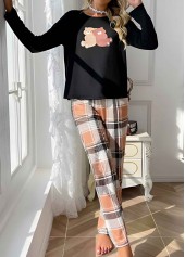 Light Coffee loungewear,Plaid loungewear,Geometric loungewear,Plaid Light Coffee Round Neck Lounge Top and Pants