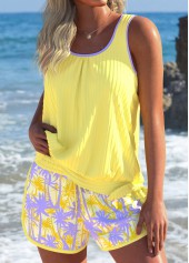 Ensemble tankini à imprimé plantes tropicales jaunes couvrant le ventre Rotita