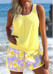 Yellow swimwear,Plants swimwear,ROTITA Tummy Coverage Yellow Tropical Plants Print Tankini Set
