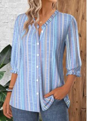 Dusty Blue tops,Striped tops,Geometric tops,ROTITA Tummy Coverage Multi Stripe Print Dusty Blue Blouse
