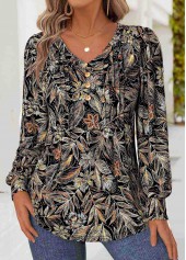 ROTITA Tummy Coverage Floral Print Black V Neck T Shirt