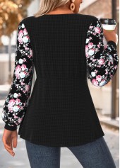 Black tops,Floral tops,Plants tops,ROTITA Tummy Coverage Floral Print Black Round Neck T Shirt