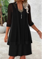 Black dresses,Plain Color dresses,Casual dresses,ROTITA Tummy Coverage Black V Neck Dress and Cardigan