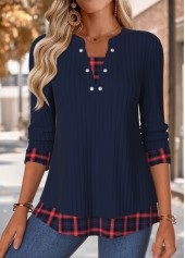 ROTITA Tummy Coverage Plaid Navy Split Neck 3/4 Sleeve Blouse