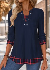 Navy tops,Plaid tops,Geometric tops,ROTITA Tummy Coverage Plaid Navy Split Neck 3/4 Sleeve Blouse