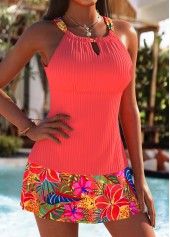Coral swimwear,Floral swimwear,Plants swimwear,ROTITA Tummy Coverage Coral Floral Print Mid Waisted Tankini Set