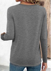 Grey tops,Plain Color tops,ROTITA Button Grey Round Neck Long Sleeve T Shirt