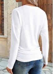 White tops,Plain Color tops,ROTITA Shirred White V Neck Long Sleeve T Shirt