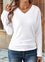 White tops,Plain Color tops,ROTITA Shirred White V Neck Long Sleeve T Shirt