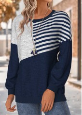 Navy tops,Striped tops,Geometric tops,ROTITA Tummy Coverage Striped Navy Round Neck Long Sleeve Sweatshirt
