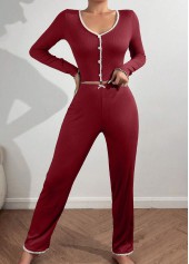 Wine Red loungewear,Contrast Color loungewear,Wine Red V Neck Lounge Top and Pants