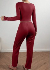 Wine Red loungewear,Contrast Color loungewear,Wine Red V Neck Lounge Top and Pants