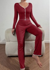 Wine Red loungewear,Contrast Color loungewear,Wine Red V Neck Lounge Top and Pants