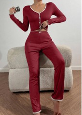 Wine Red loungewear,Contrast Color loungewear,Wine Red V Neck Lounge Top and Pants