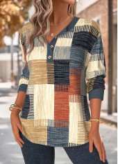 Multi Color tops,Geometric tops,ROTITA Tummy Coverage Geometric Print Multi Color Split Neck Sweatshirt