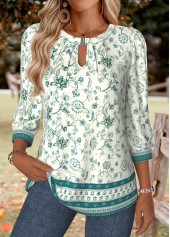 ROTITA Tummy Coverage Floral Print Turquoise Round Neck T Shirt
