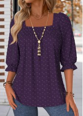 Purple tops,Plain Color tops,ROTITA Smocked Purple Square Neck Half Sleeve Blouse