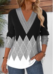 Grey tops,Geometric tops,ROTITA Tummy Coverage Geometric Print Grey Long Sleeve T Shirt