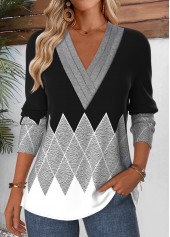 ROTITA Tummy Coverage Geometric Print Grey Long Sleeve T Shirt
