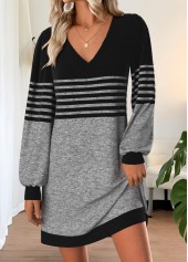 ROTITA Tummy Coverage Striped Grey Short V Neck Dress