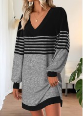 Grey dresses,Striped dresses,Geometric dresses,Everyday dresses,Casual dresses,ROTITA Tummy Coverage Striped Grey Short V Neck Dress
