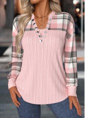 ROTITA Tummy Coverage Plaid Light Pink Split Neck Sweatshirt