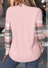 Light Pink tops,Plaid tops,Geometric tops,ROTITA Tummy Coverage Plaid Light Pink Split Neck Sweatshirt