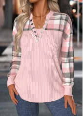 Light Pink tops,Plaid tops,Geometric tops,ROTITA Tummy Coverage Plaid Light Pink Split Neck Sweatshirt