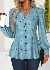 Rotita Peplum Denim-Effekt Print Denim blaues Hemd mit Umlegekragen