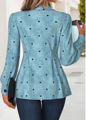 Denim Blue tops,Denim-Effect Print tops,ROTITA Peplum Denim-effect Print Denim Blue Turn Down Collar Shirt