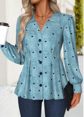 Denim Blue tops,Denim-Effect Print tops,ROTITA Peplum Denim-effect Print Denim Blue Turn Down Collar Shirt