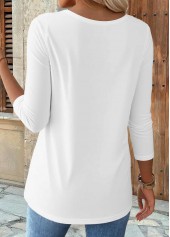 White tops,Plain Color tops,ROTITA Curved Hem White Round Neck 3/4 Sleeve T Shirt