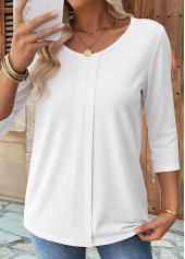 White tops,Plain Color tops,ROTITA Curved Hem White Round Neck 3/4 Sleeve T Shirt