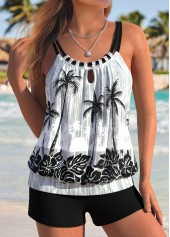 Tummy Coverage Black Tropical Plants Print Tankini Set